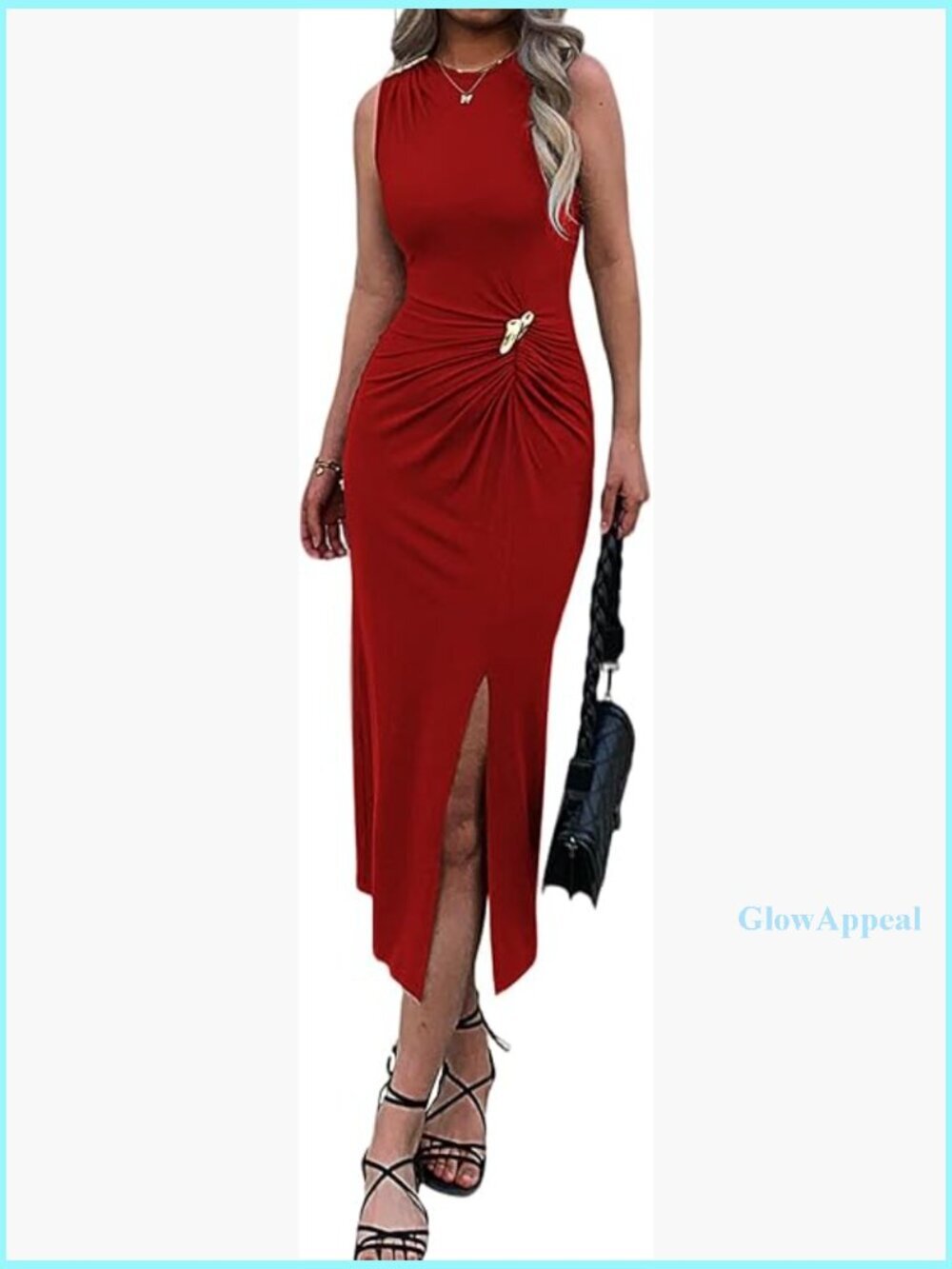 Ruched Bodycon Midi Dress Sleeveless High Neck Side Slit Formal Cocktail